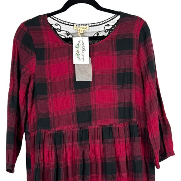 HEM & THREAD Maroon and Black Buffalo Plaid Dress Back Lace Inset  S NWT - Picture 3 of 7